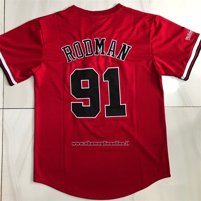 Maglia Manica Corta Chicago Bulls Dennis Rodman No 91 Rosso